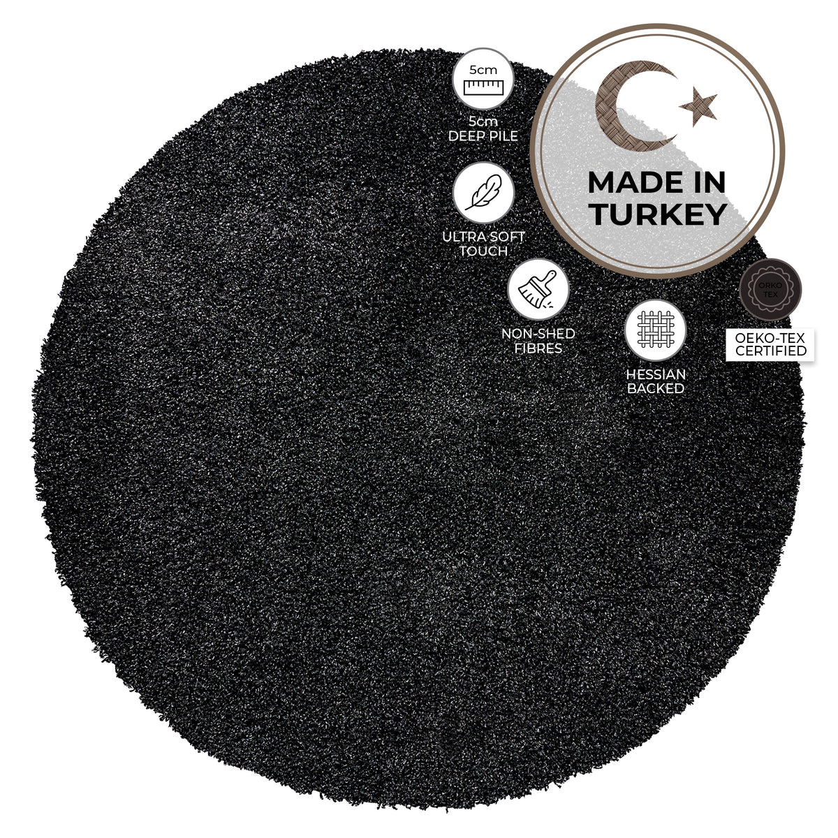 California Anthracite Charcoal Grey Shaggy Rug, Thick 5cm Deep Pile, Rectangle, Runner and Circle Sizes, Stain Resistant