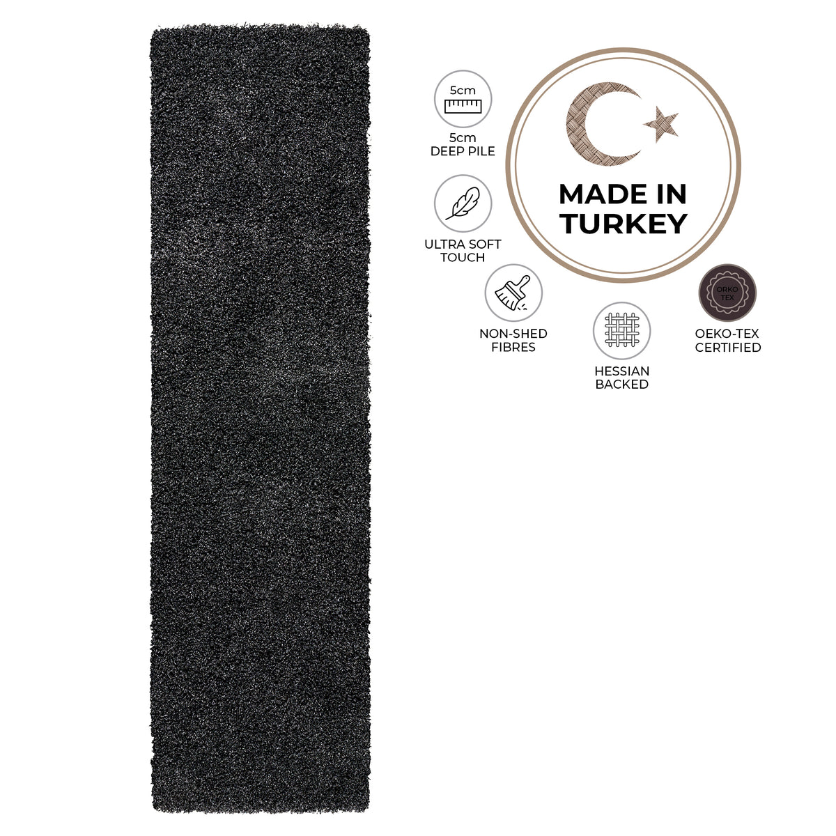 California Anthracite Charcoal Grey Shaggy Rug, Thick 5cm Deep Pile, Rectangle, Runner and Circle Sizes, Stain Resistant