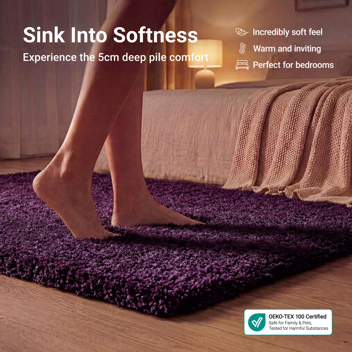 California Aubergine Purple Shaggy Rug, Thick 5cm Deep Pile, Rectangle, Runner and Circle Sizes, Stain Resistant