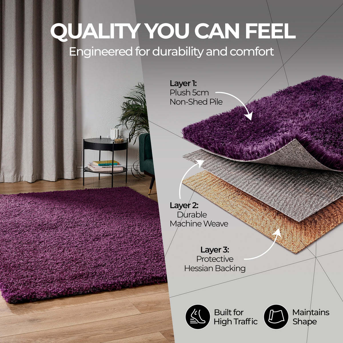 California Aubergine Purple Shaggy Rug, Thick 5cm Deep Pile, Rectangle, Runner and Circle Sizes, Stain Resistant