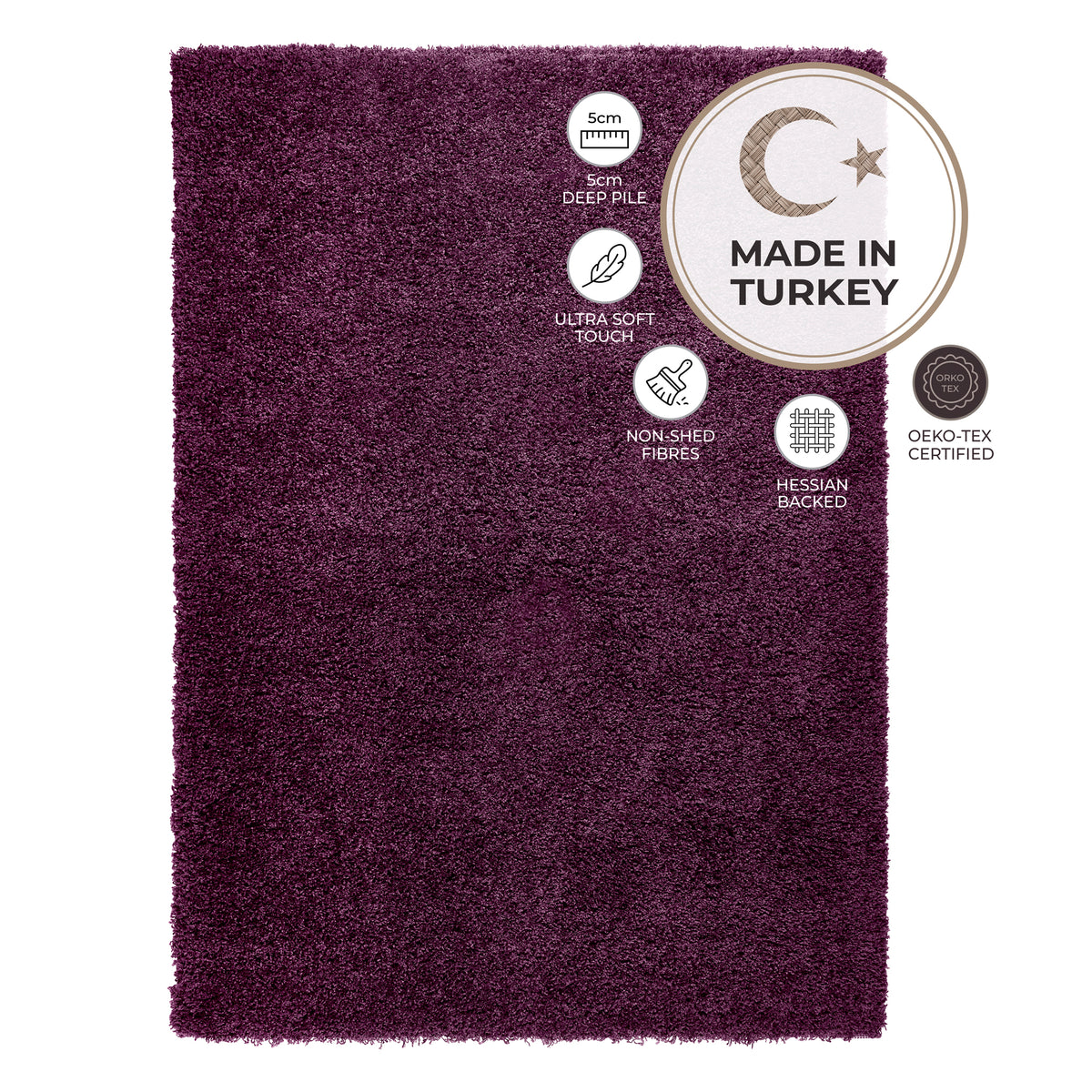 California Aubergine Purple Shaggy Rug, Thick 5cm Deep Pile, Rectangle, Runner and Circle Sizes, Stain Resistant