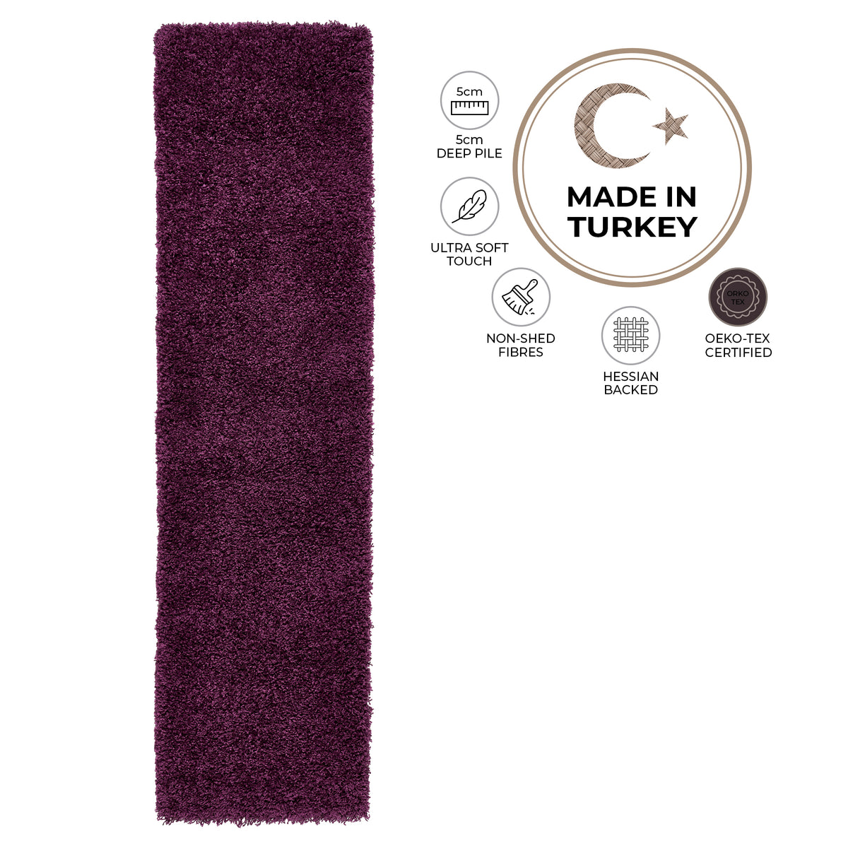 California Aubergine Purple Shaggy Rug, Thick 5cm Deep Pile, Rectangle, Runner and Circle Sizes, Stain Resistant