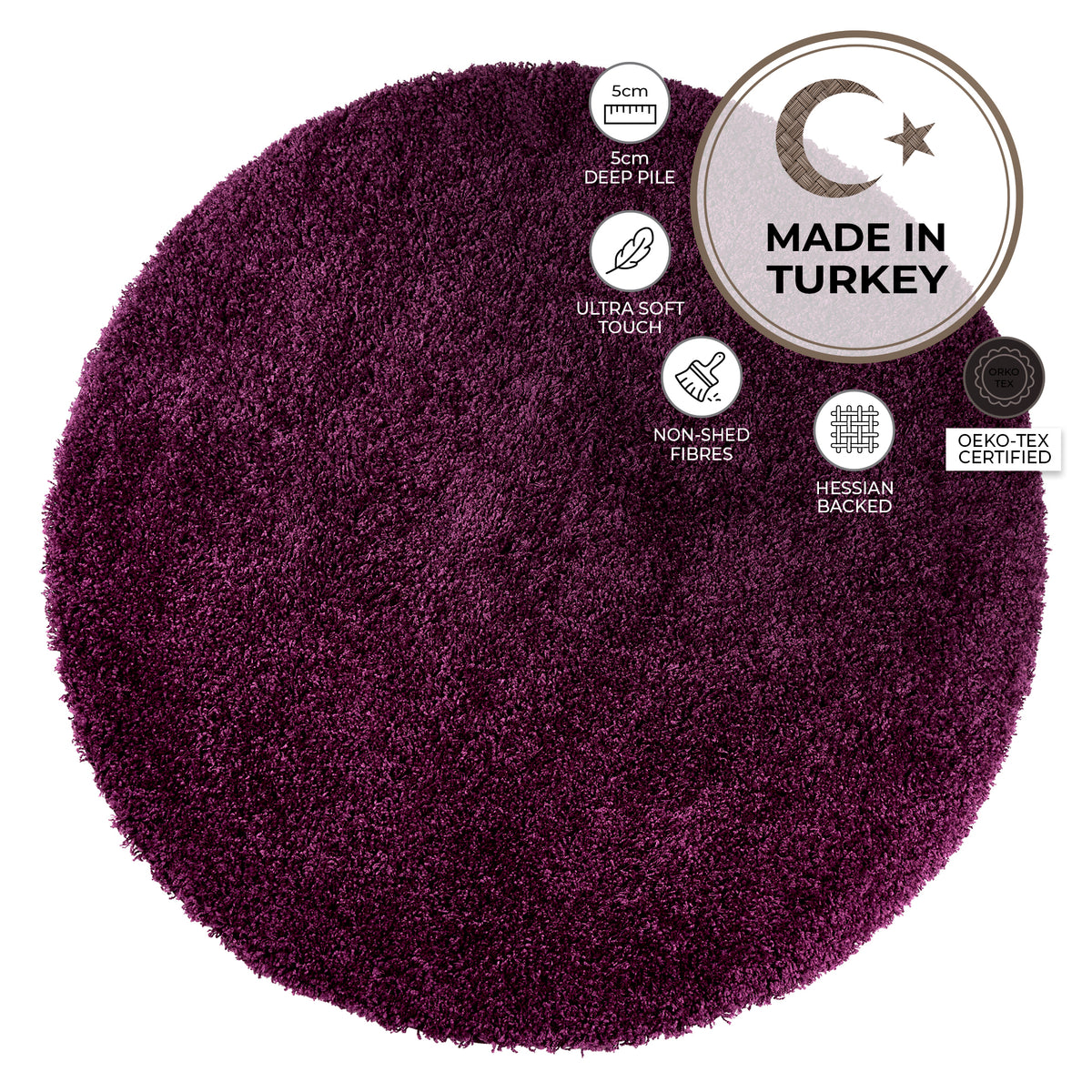 California Aubergine Purple Shaggy Rug, Thick 5cm Deep Pile, Rectangle, Runner and Circle Sizes, Stain Resistant