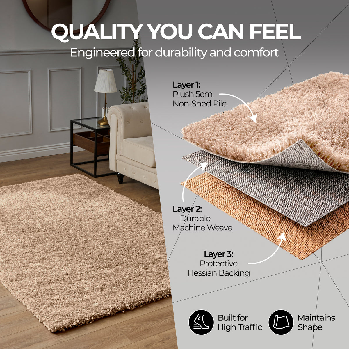 California Light Beige Shaggy Rug, Thick 5cm Deep Pile Solid Colour Rug, Non-Shedding, Rectangle, Runner and Round