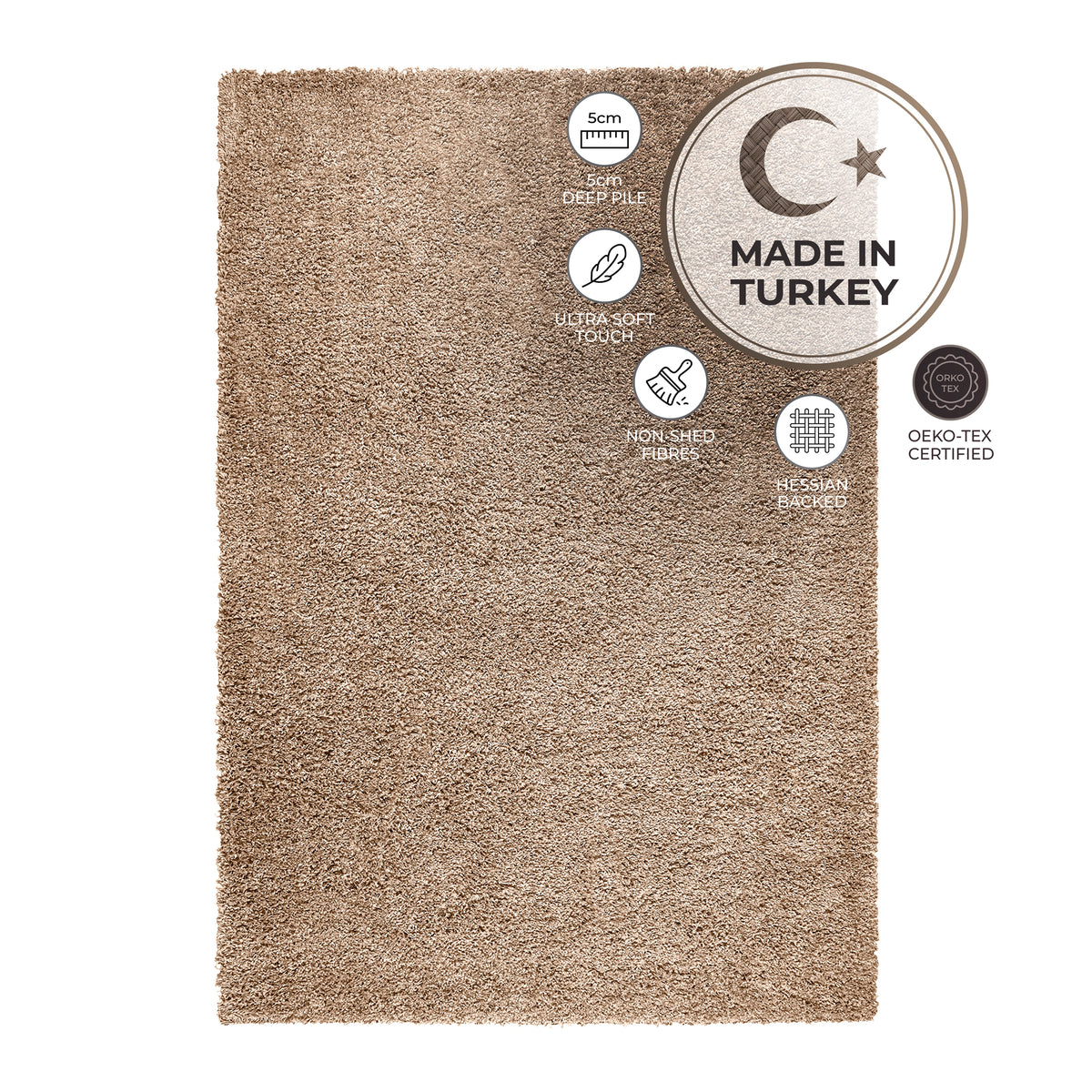 California Light Beige Shaggy Rug, Thick 5cm Deep Pile Solid Colour Rug, Non-Shedding, Rectangle, Runner and Round