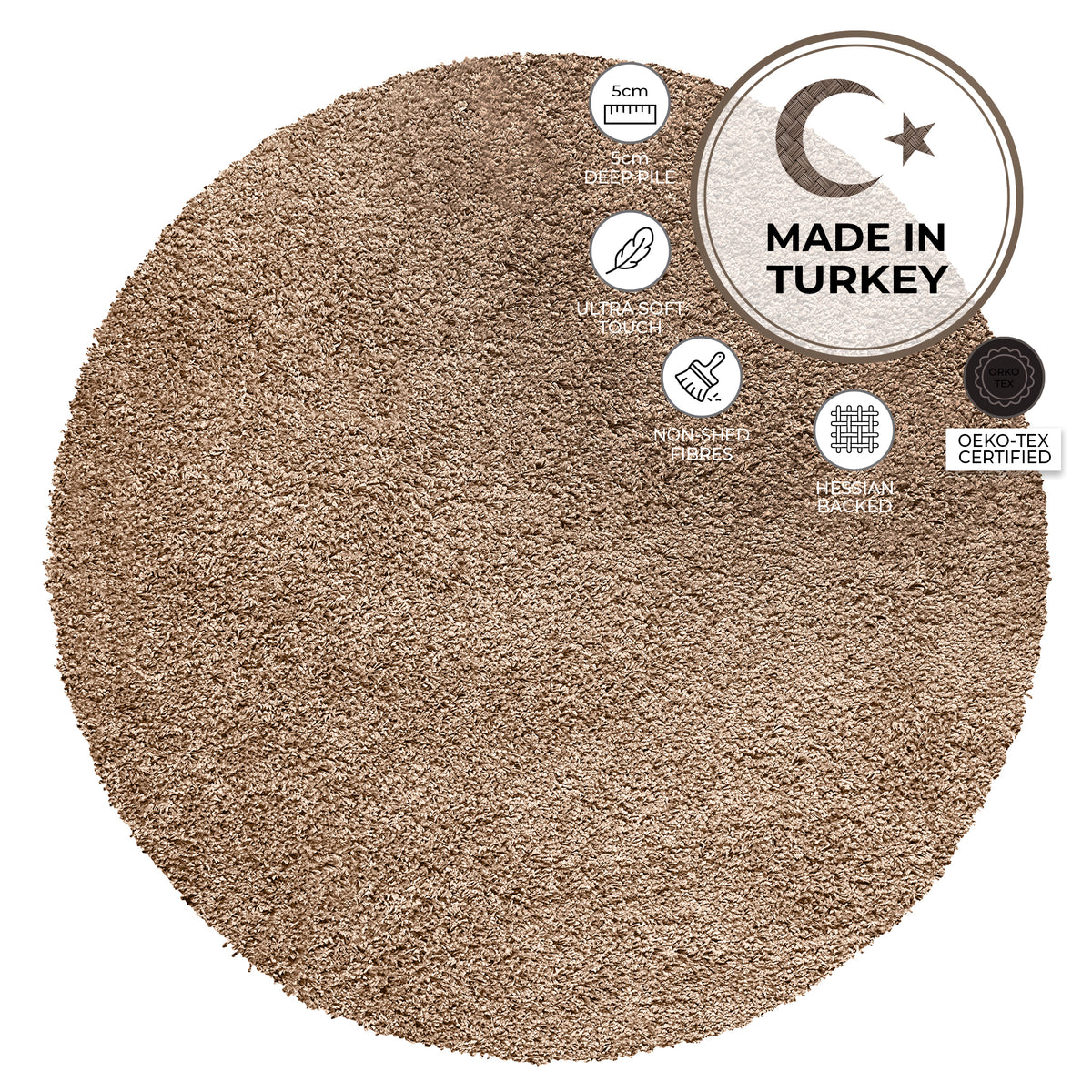 California Light Beige Shaggy Rug, Thick 5cm Deep Pile Solid Colour Rug, Non-Shedding, Rectangle, Runner and Round