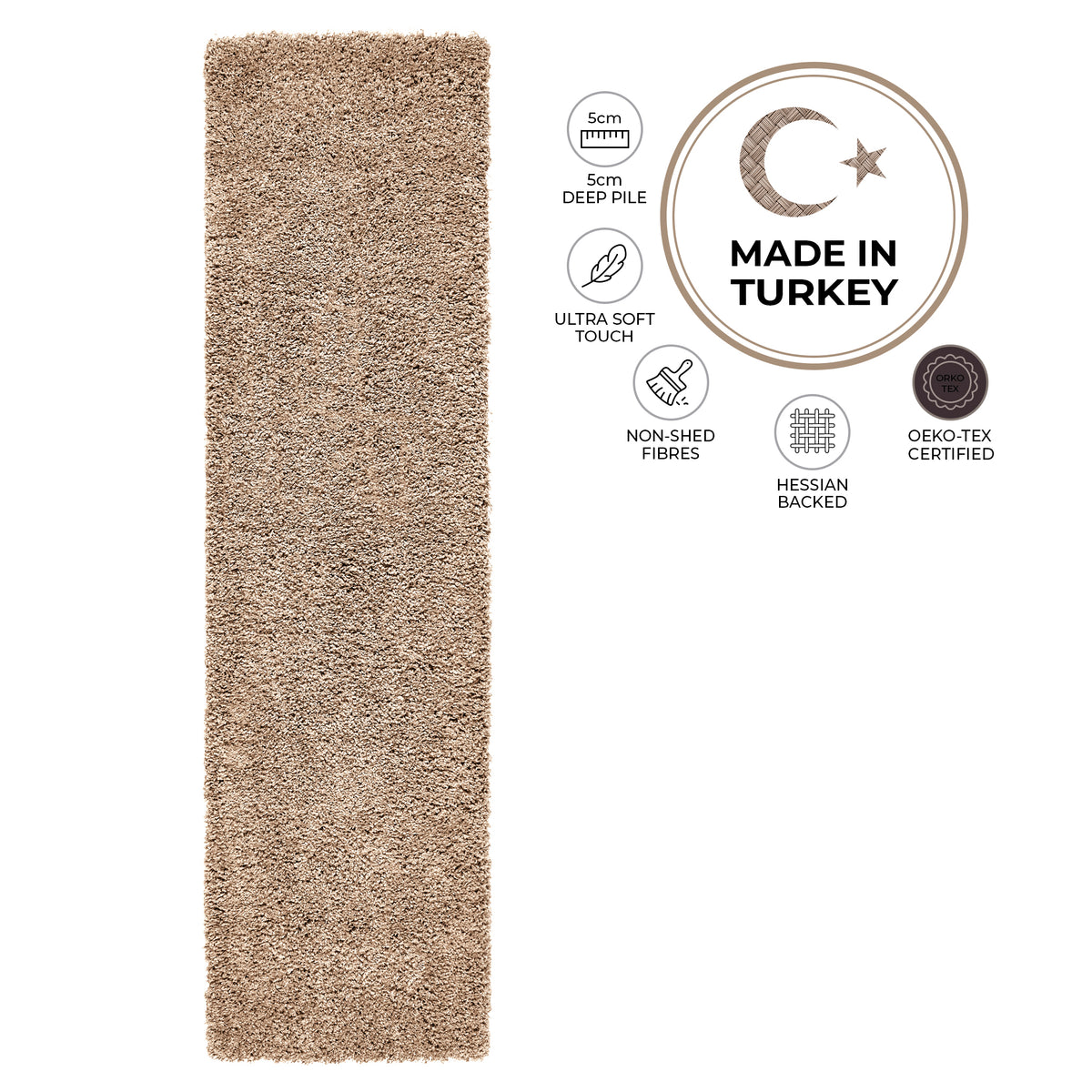 California Light Beige Shaggy Rug, Thick 5cm Deep Pile Solid Colour Rug, Non-Shedding, Rectangle, Runner and Round