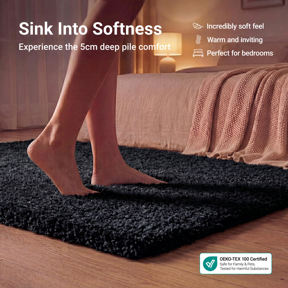 California Black Shaggy Rug, Thick 5cm Deep Pile Rug for Living Room and Bedroom, Rectangle, Runner and Circle Sizes