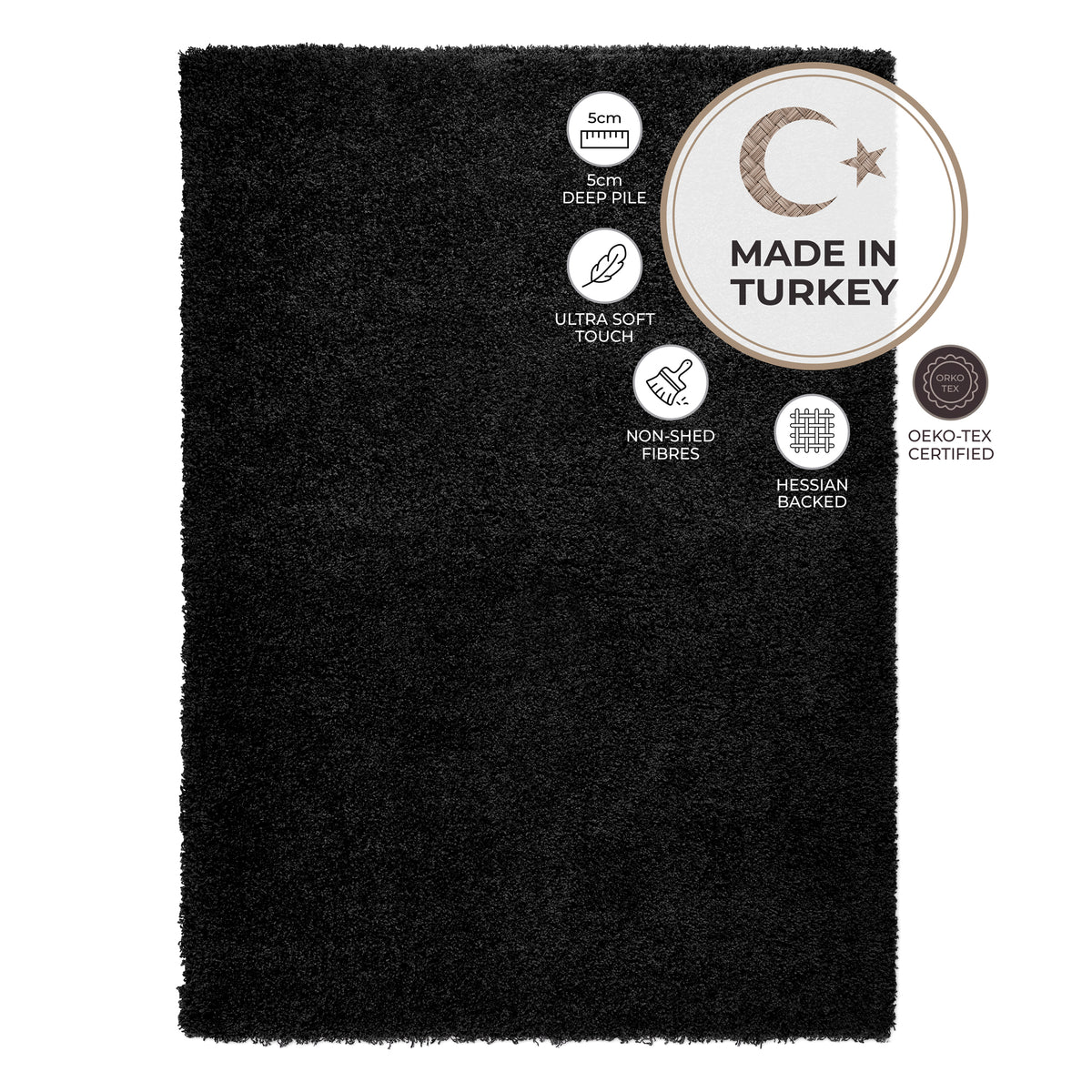 California Black Shaggy Rug, Thick 5cm Deep Pile Rug for Living Room and Bedroom, Rectangle, Runner and Circle Sizes