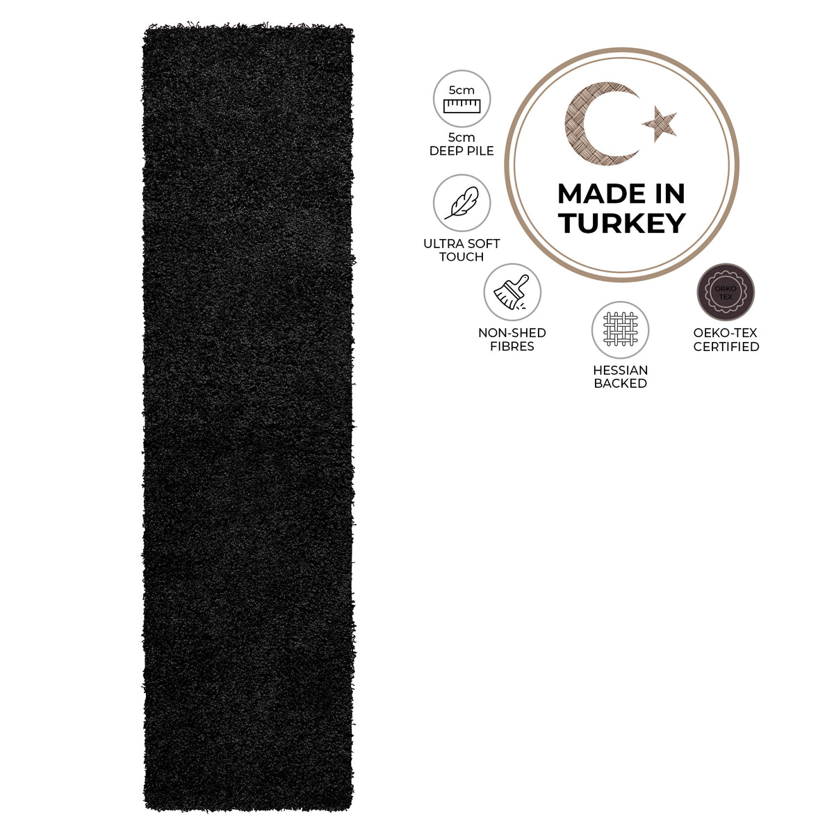 California Black Shaggy Rug, Thick 5cm Deep Pile Rug for Living Room and Bedroom, Rectangle, Runner and Circle Sizes