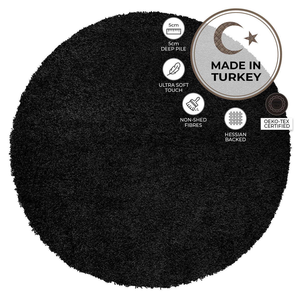 California Black Shaggy Rug, Thick 5cm Deep Pile Rug for Living Room and Bedroom, Rectangle, Runner and Circle Sizes