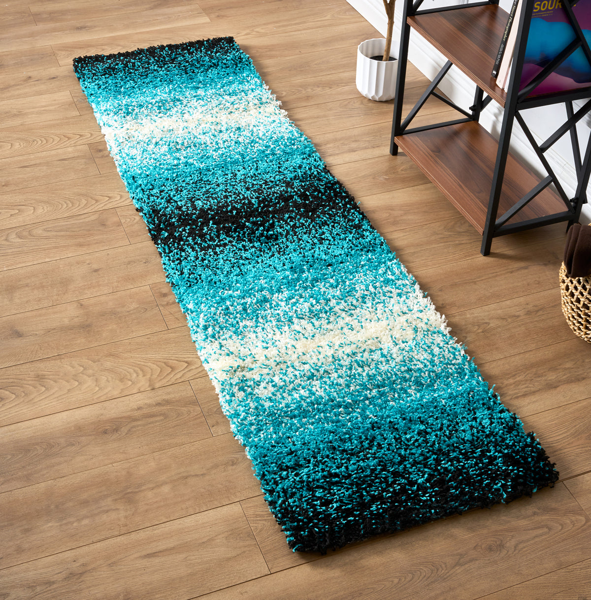 California Teal Ombre Blend Shaggy Rug, Thick 5cm Deep Pile, Rectangle and Runner Sizes, Stain Resistant