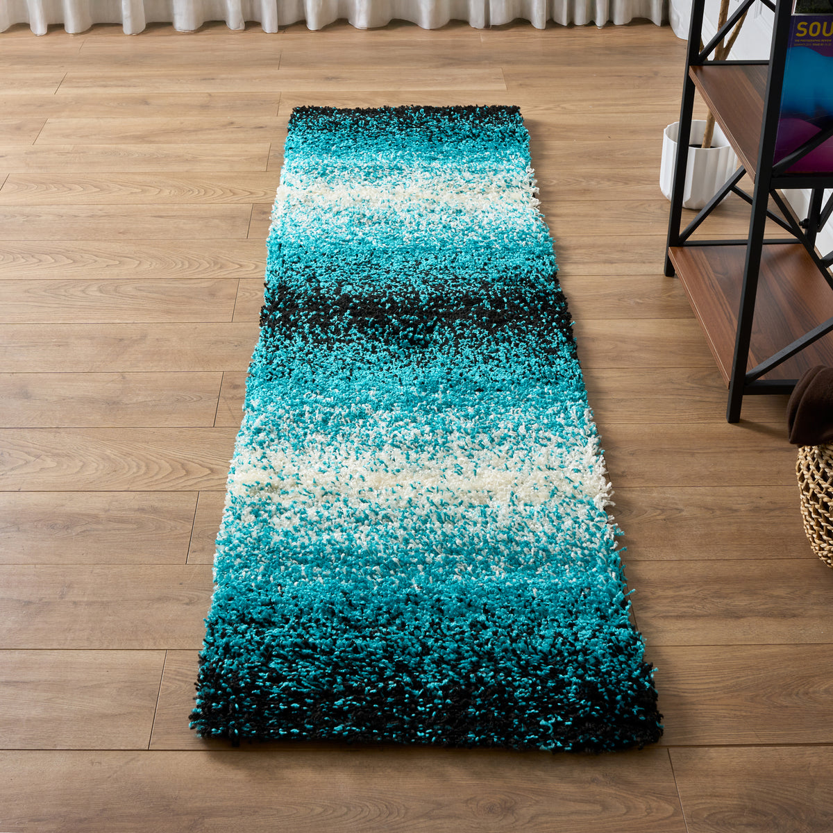 California Teal Ombre Blend Shaggy Rug, Thick 5cm Deep Pile, Rectangle and Runner Sizes, Stain Resistant