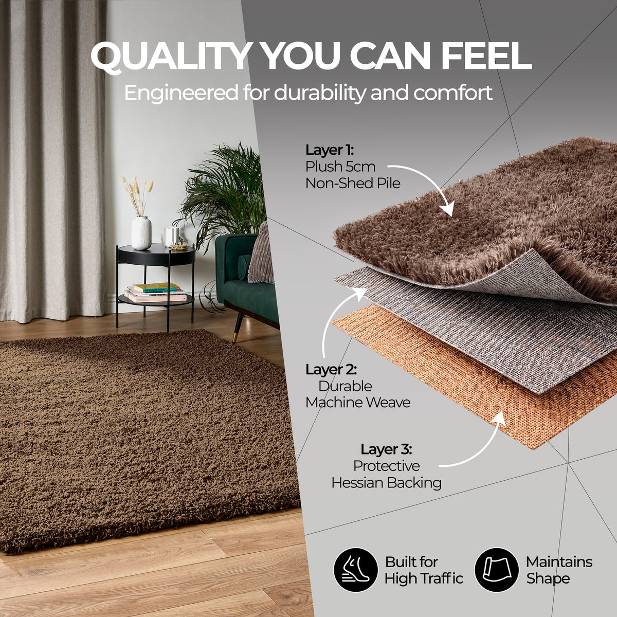 California Light Brown Shaggy Rug, Thick 5cm Deep Pile Rug for Living Room and Bedroom, Rectangle, Runner and Circles