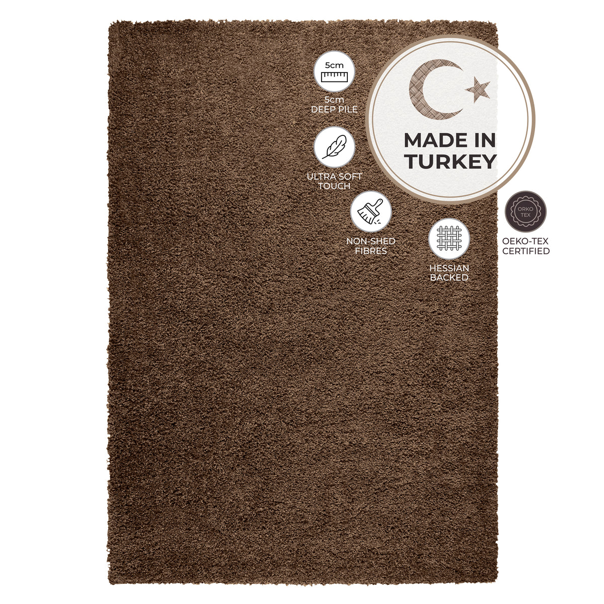 California Light Brown Shaggy Rug, Thick 5cm Deep Pile Rug for Living Room and Bedroom, Rectangle, Runner and Circles