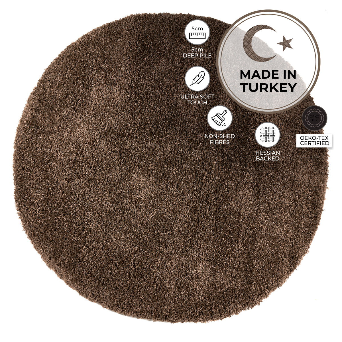 California Light Brown Shaggy Rug, Thick 5cm Deep Pile Rug for Living Room and Bedroom, Rectangle, Runner and Circles