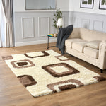 California Beige Geometric Cube Shaggy Rug, Thick 5cm Deep Pile, Rectangle and Runner Sizes, Stain Resistant