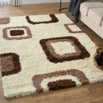 California Beige Geometric Cube Shaggy Rug, Thick 5cm Deep Pile, Rectangle and Runner Sizes, Stain Resistant