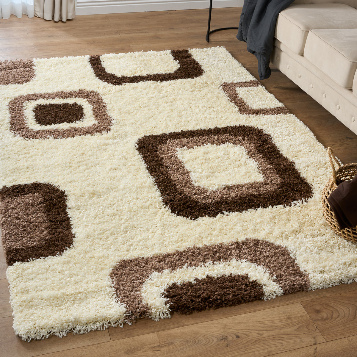 California Beige Geometric Cube Shaggy Rug, Thick 5cm Deep Pile, Rectangle and Runner Sizes, Stain Resistant