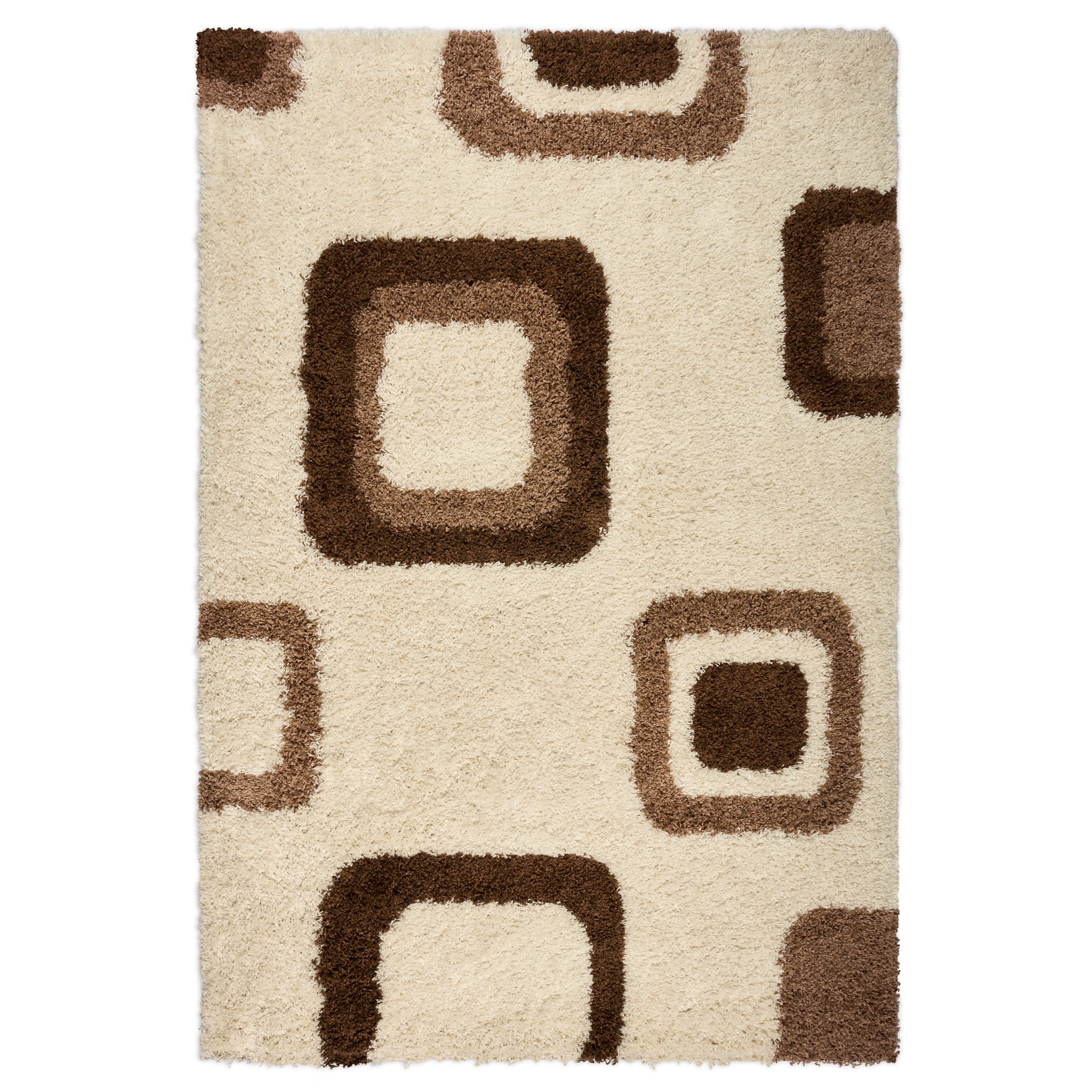California Beige Geometric Cube Shaggy Rug, Thick 5cm Deep Pile, Rectangle and Runner Sizes, Stain Resistant
