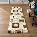California Beige Geometric Cube Shaggy Rug, Thick 5cm Deep Pile, Rectangle and Runner Sizes, Stain Resistant