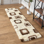 California Beige Geometric Cube Shaggy Rug, Thick 5cm Deep Pile, Rectangle and Runner Sizes, Stain Resistant