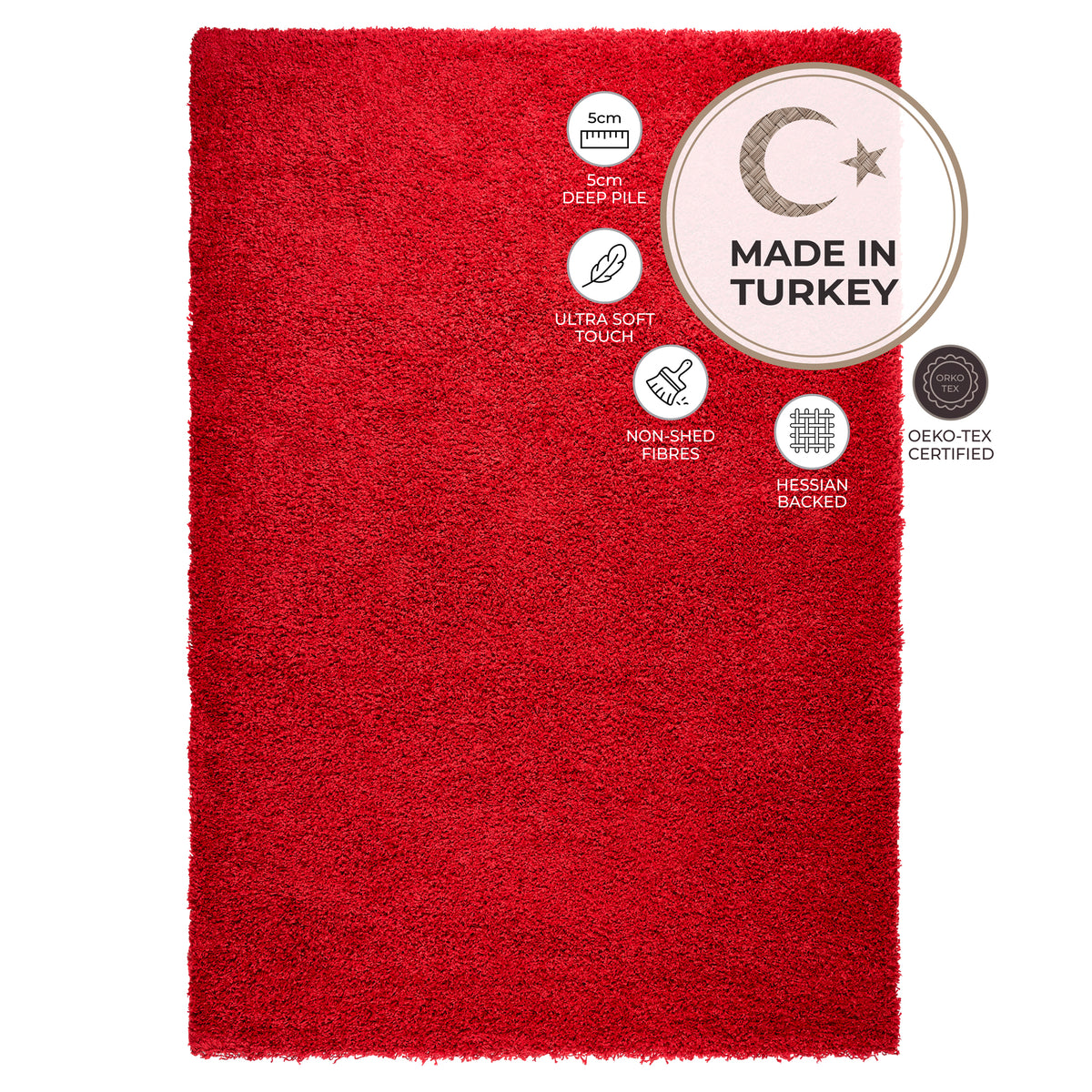 California Bright Red Shaggy Rug, Thick 5cm Deep Pile Rug for Living Room and Bedroom, Rectangle, Runner and Circles