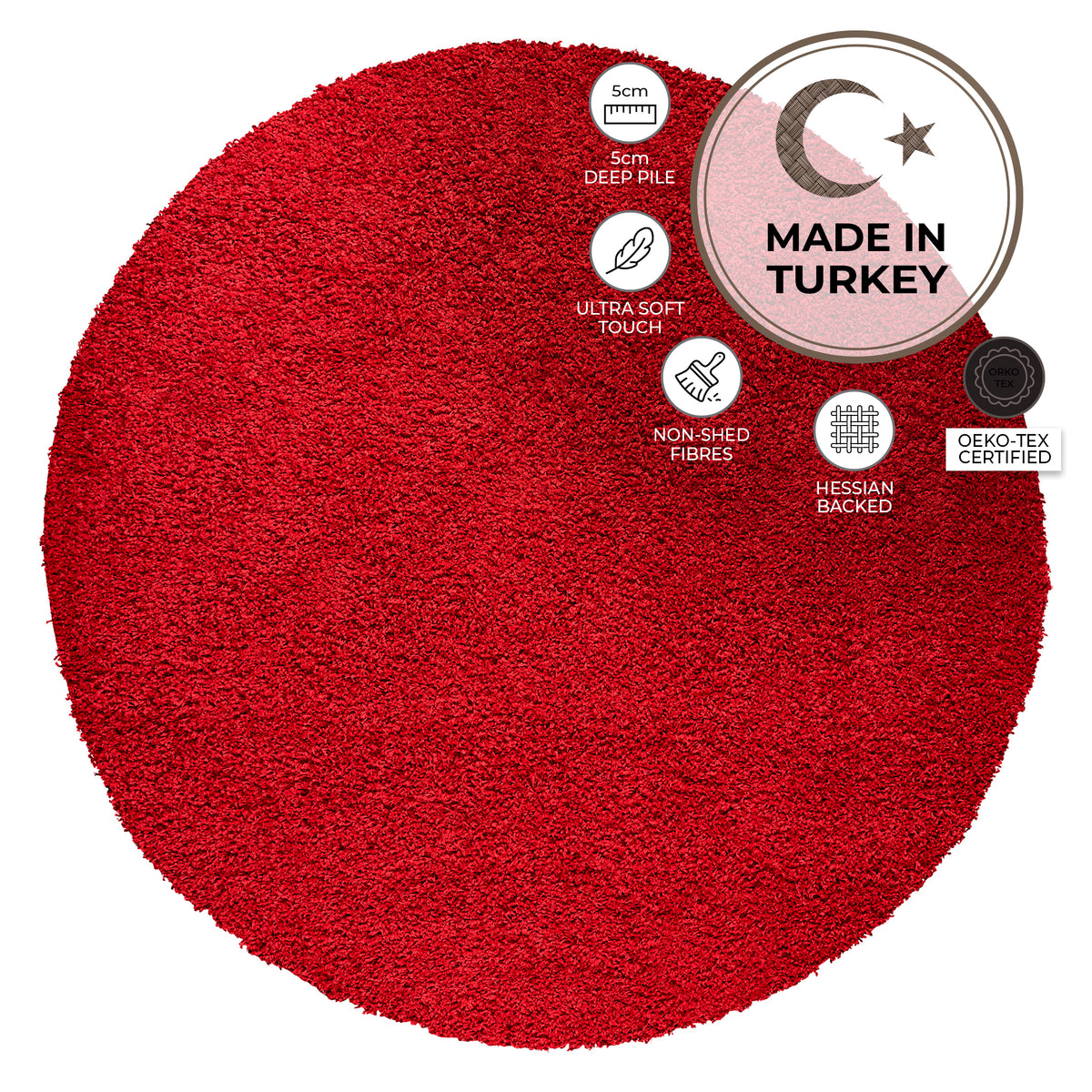 California Bright Red Shaggy Rug, Thick 5cm Deep Pile Rug for Living Room and Bedroom, Rectangle, Runner and Circles
