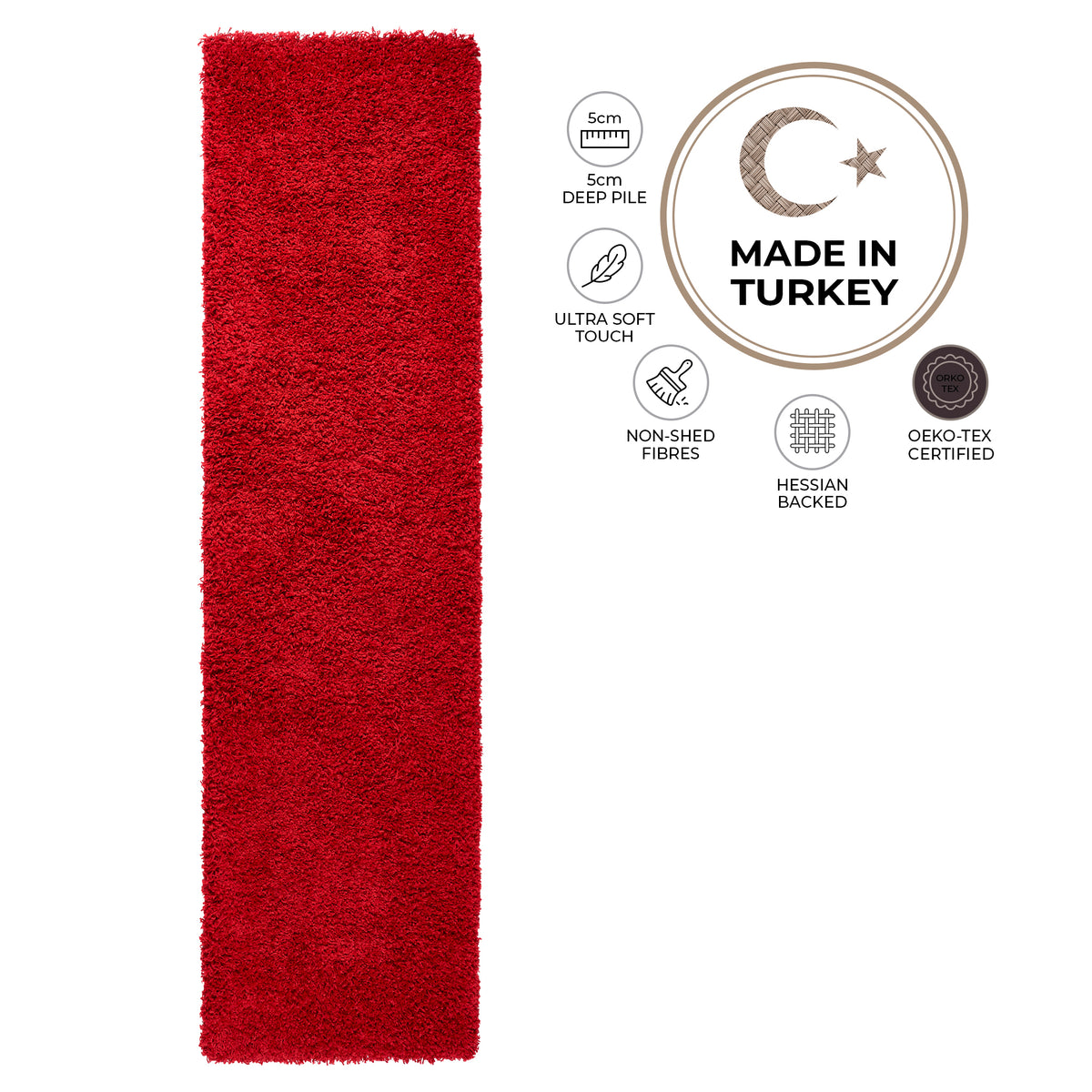 California Bright Red Shaggy Rug, Thick 5cm Deep Pile Rug for Living Room and Bedroom, Rectangle, Runner and Circles