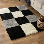 Black & Grey Checked Thick Shaggy Rug - California Rugs Rug Masters