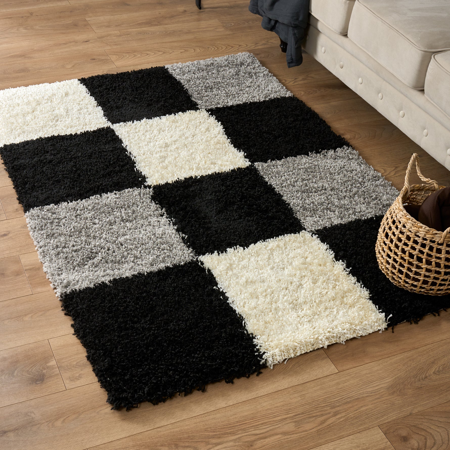 Black & Grey Checked Thick Shaggy Rug - California Rugs Rug Masters