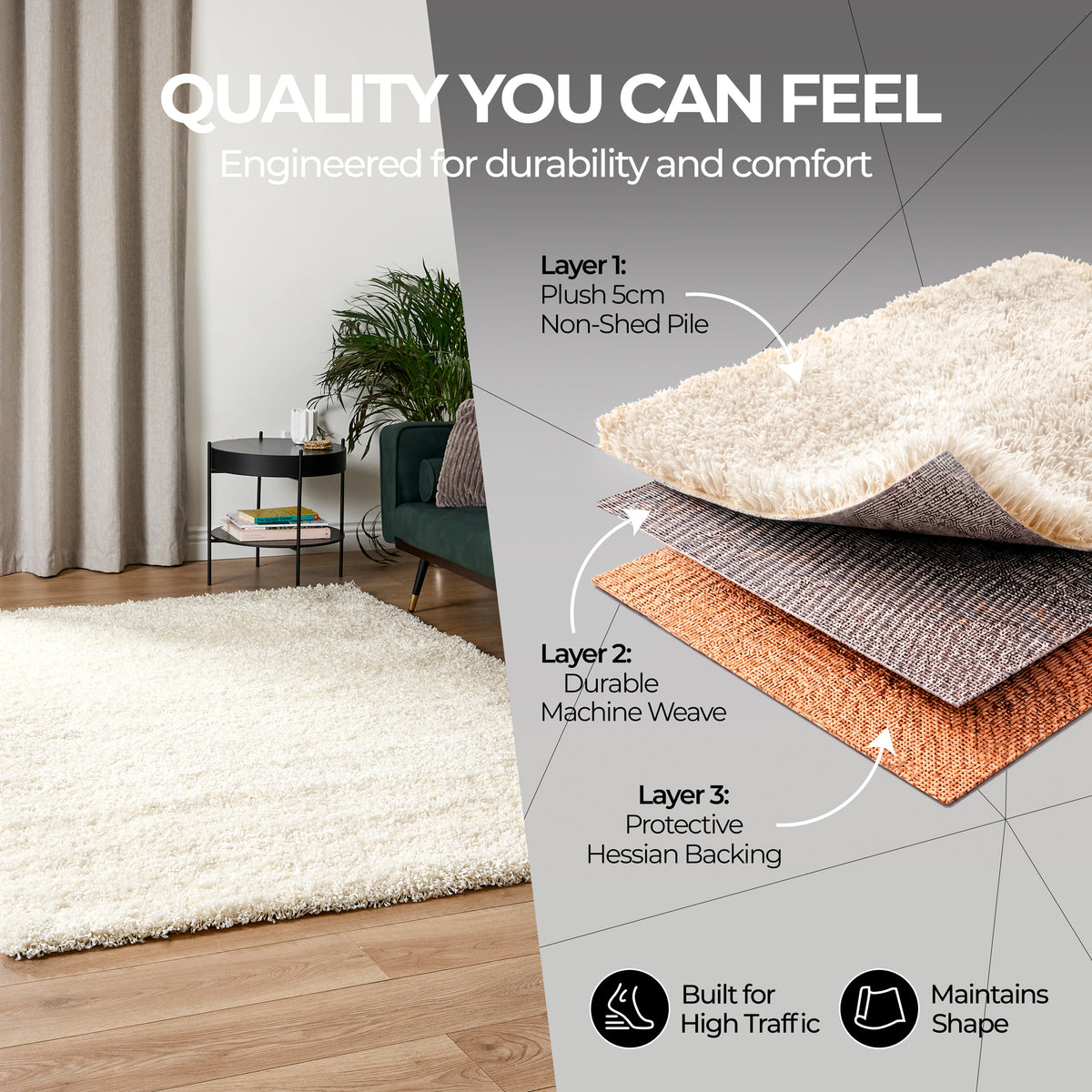 California Cream Shaggy Rug, 5cm Thick Pile, Soft Fluffy Non-Shedding Polypropylene Rug, Hessian Backed, Multiple Sizes