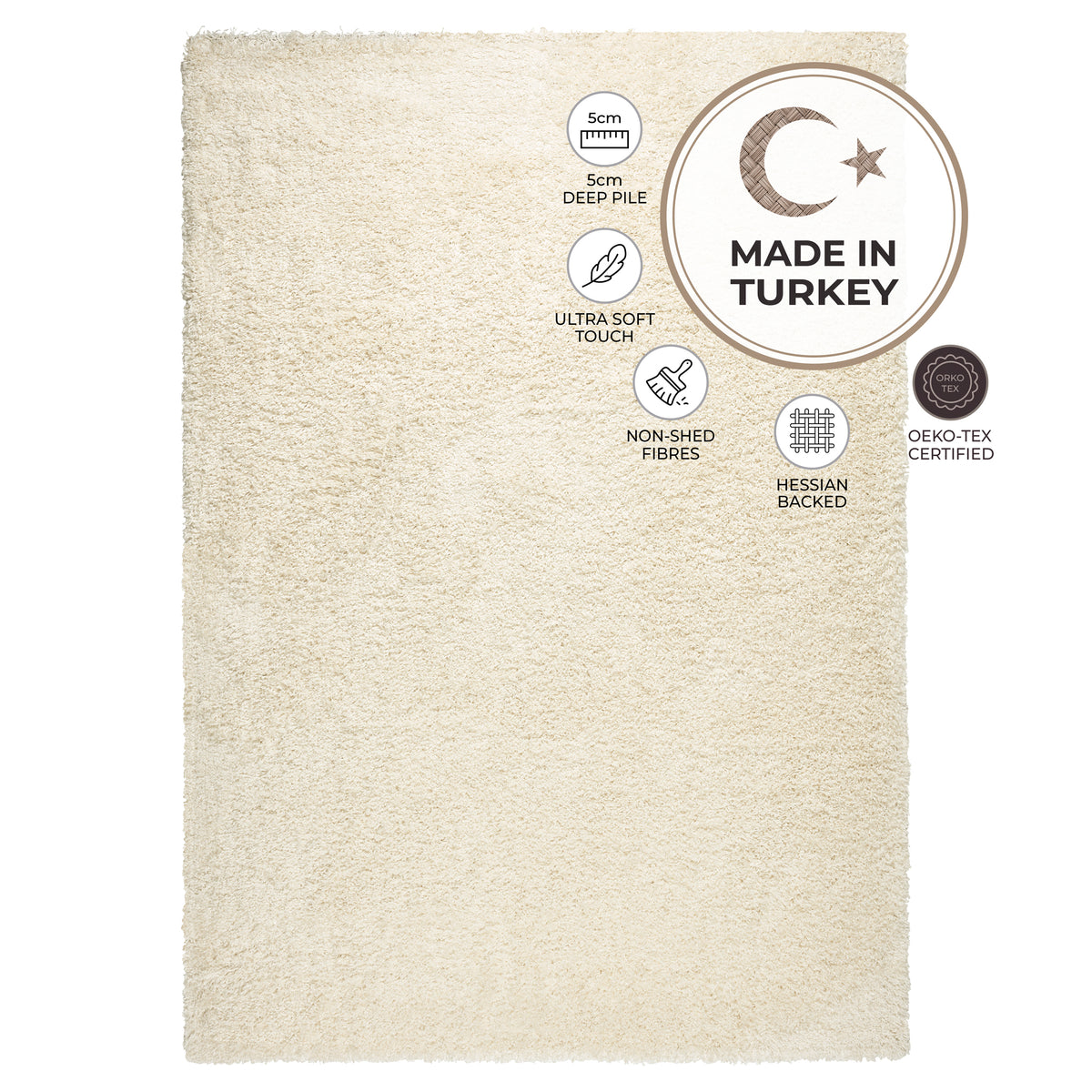 California Cream Shaggy Rug, 5cm Thick Pile, Soft Fluffy Non-Shedding Polypropylene Rug, Hessian Backed, Multiple Sizes