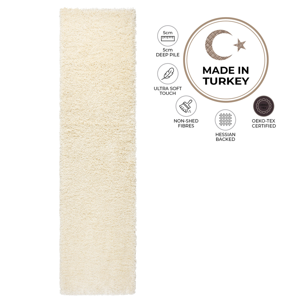 California Cream Shaggy Rug, 5cm Thick Pile, Soft Fluffy Non-Shedding Polypropylene Rug, Hessian Backed, Multiple Sizes