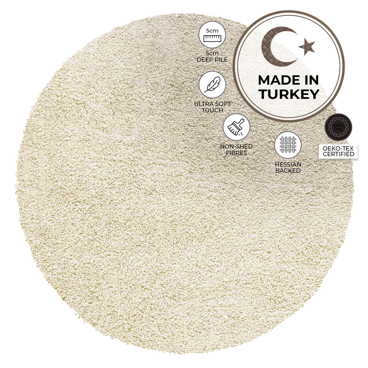 California Cream Shaggy Rug, 5cm Thick Pile, Soft Fluffy Non-Shedding Polypropylene Rug, Hessian Backed, Multiple Sizes