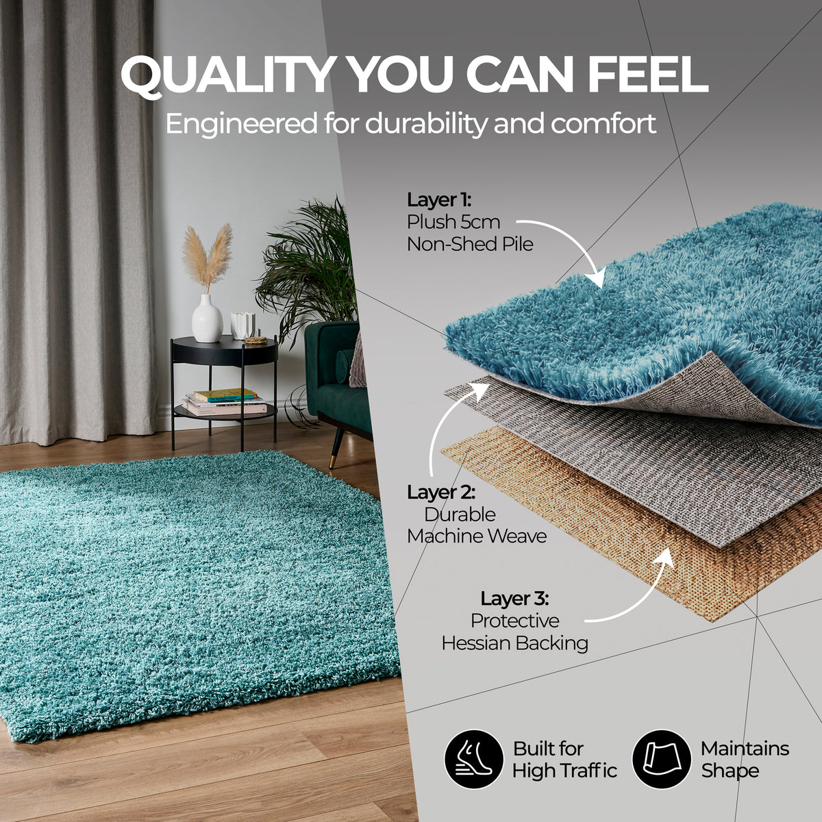 California Duck Egg Blue Shaggy Rug, 5cm Thick Pile, Soft Fluffy Polypropylene Rug, Hessian Backed, Multiple Sizes