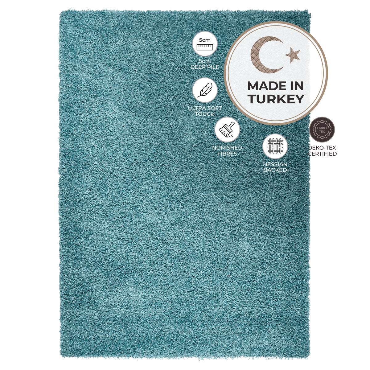 California Duck Egg Blue Shaggy Rug, 5cm Thick Pile, Soft Fluffy Polypropylene Rug, Hessian Backed, Multiple Sizes
