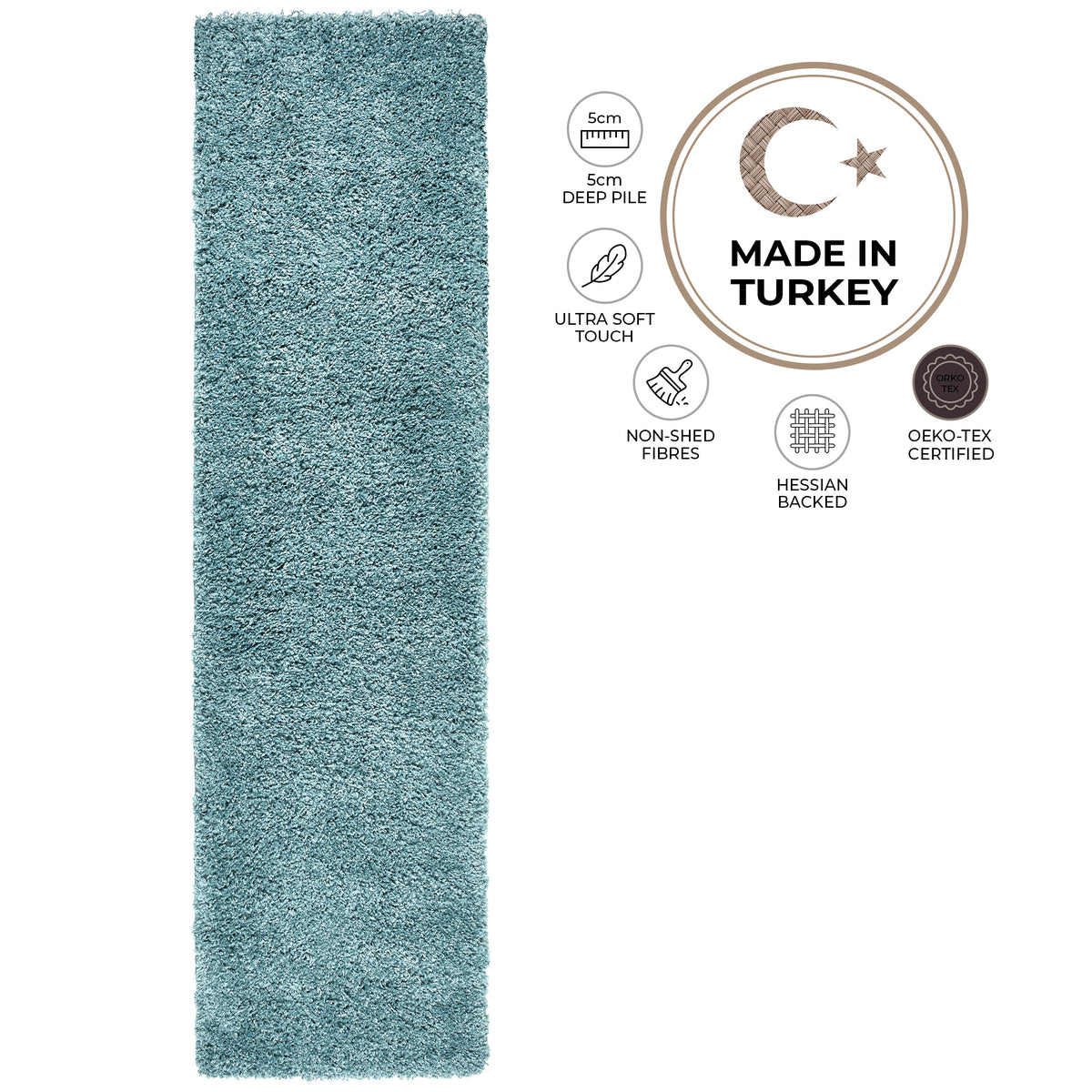 California Duck Egg Blue Shaggy Rug, 5cm Thick Pile, Soft Fluffy Polypropylene Rug, Hessian Backed, Multiple Sizes