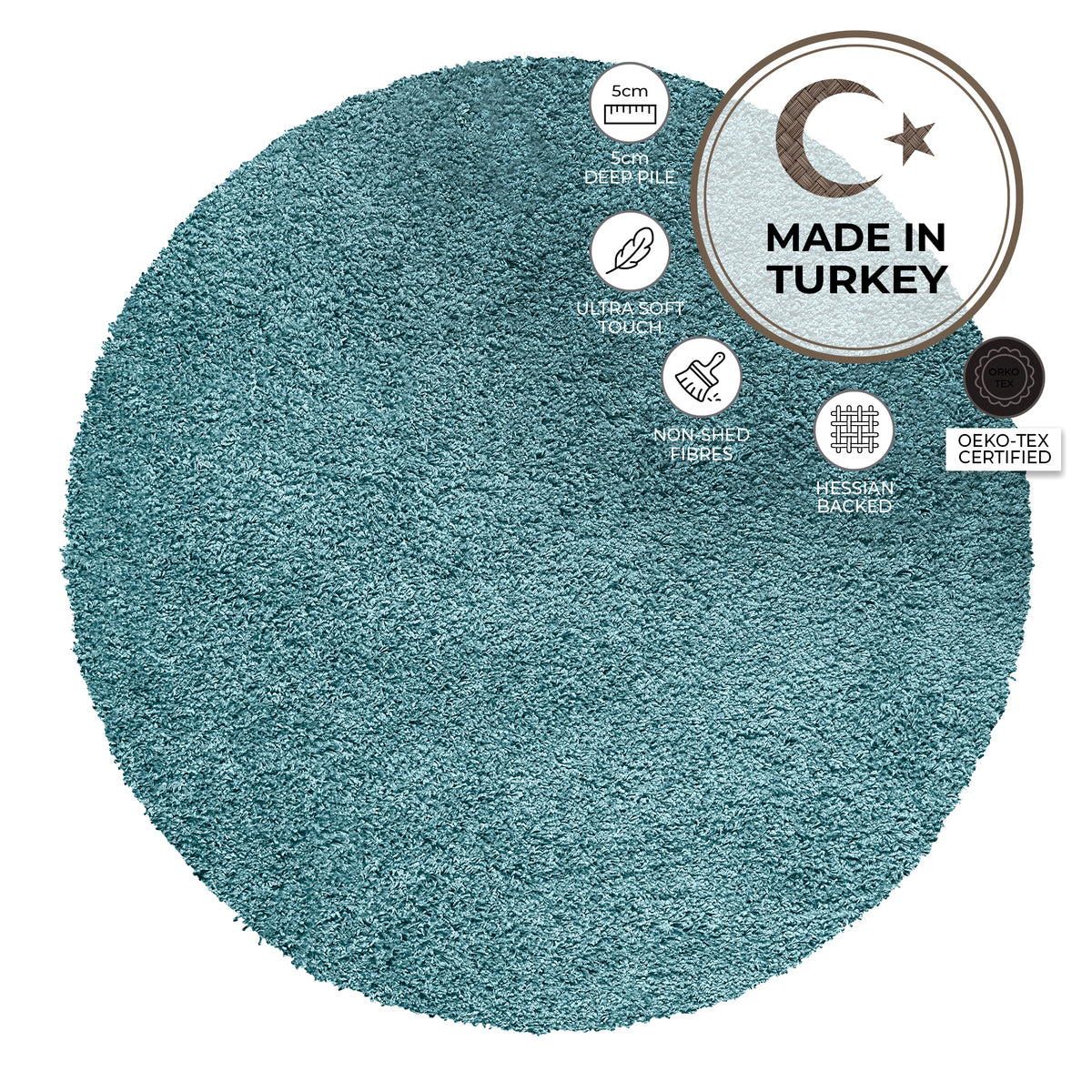 California Duck Egg Blue Shaggy Rug, 5cm Thick Pile, Soft Fluffy Polypropylene Rug, Hessian Backed, Multiple Sizes