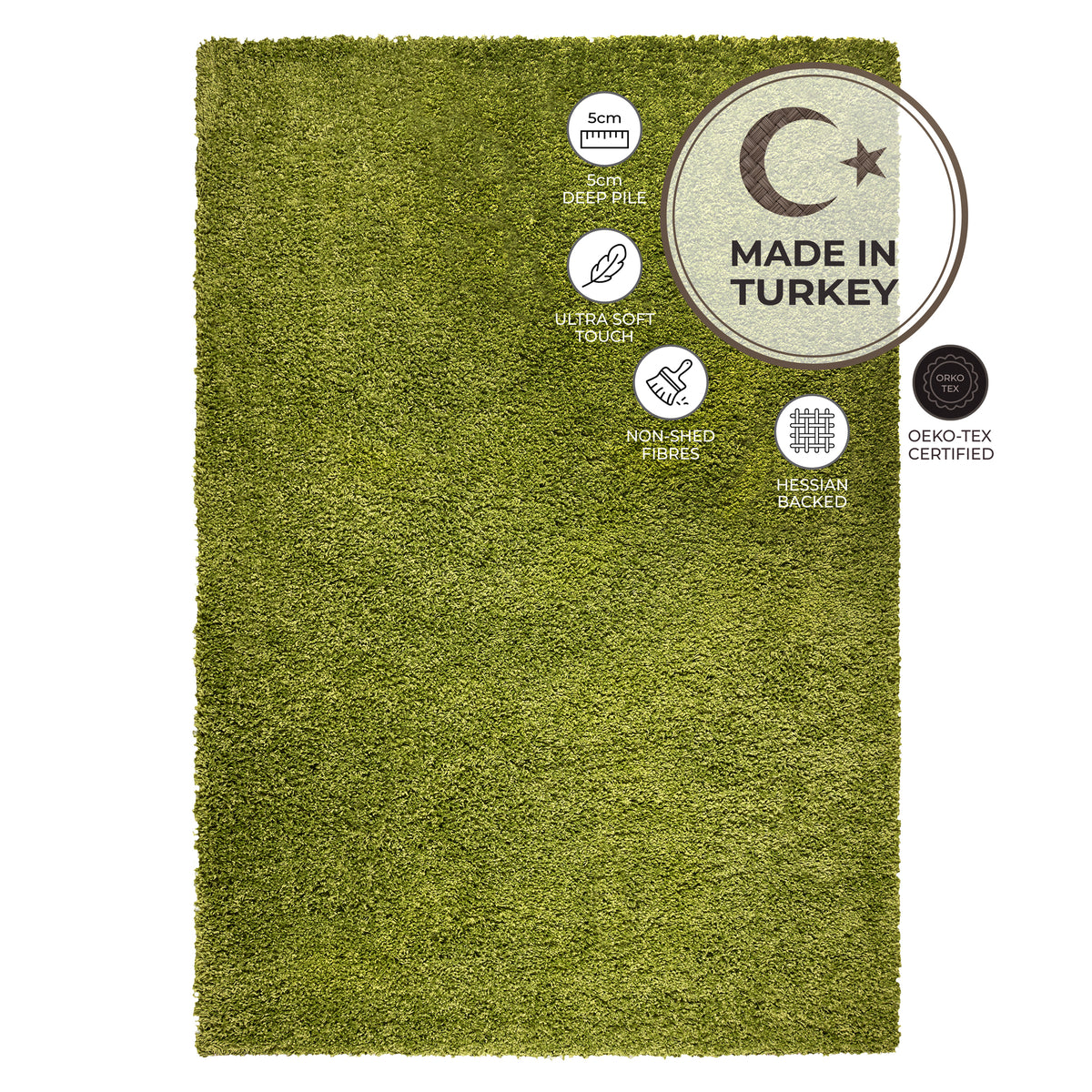California Lime Green Shaggy Rug, Thick 5cm Deep Pile, Rectangle, Runner and Circle Sizes, Stain Resistant