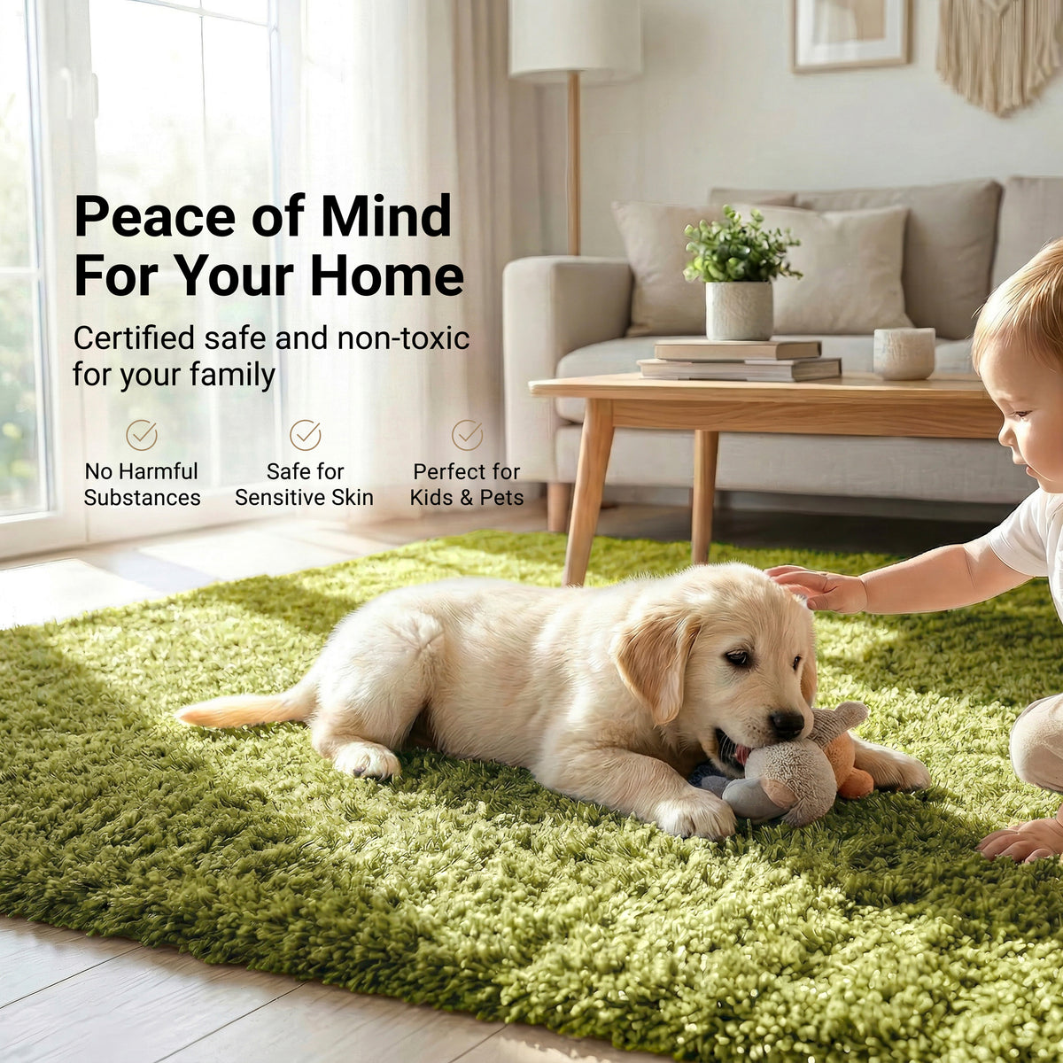 California Lime Green Shaggy Rug, Thick 5cm Deep Pile, Rectangle, Runner and Circle Sizes, Stain Resistant