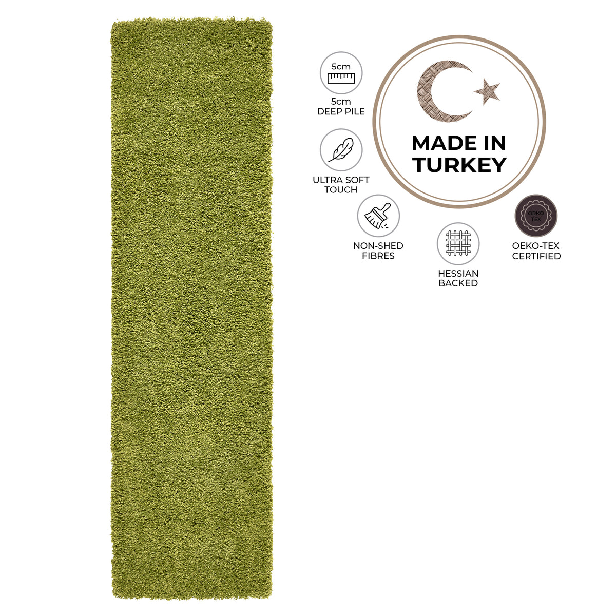 California Lime Green Shaggy Rug, Thick 5cm Deep Pile, Rectangle, Runner and Circle Sizes, Stain Resistant