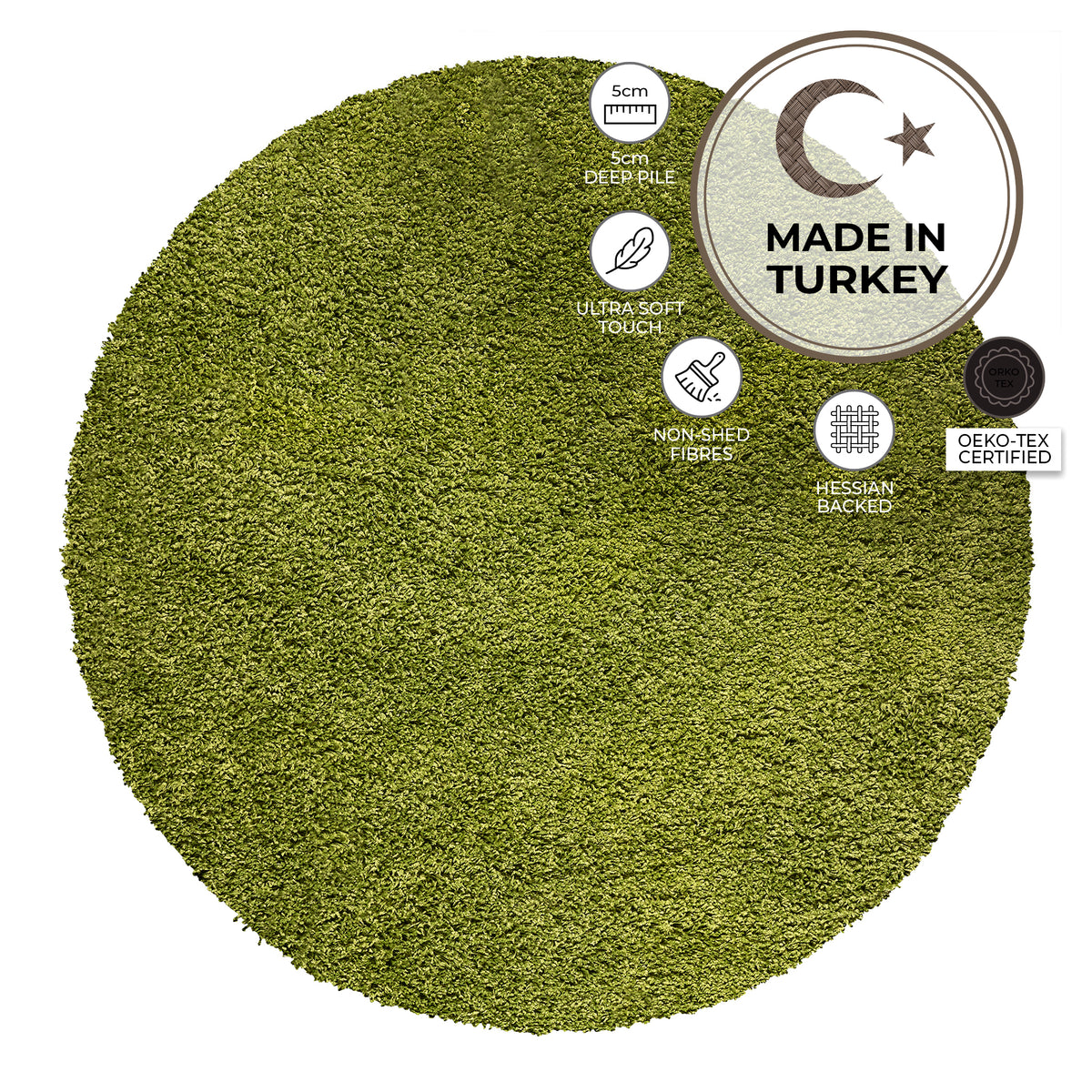 California Lime Green Shaggy Rug, Thick 5cm Deep Pile, Rectangle, Runner and Circle Sizes, Stain Resistant