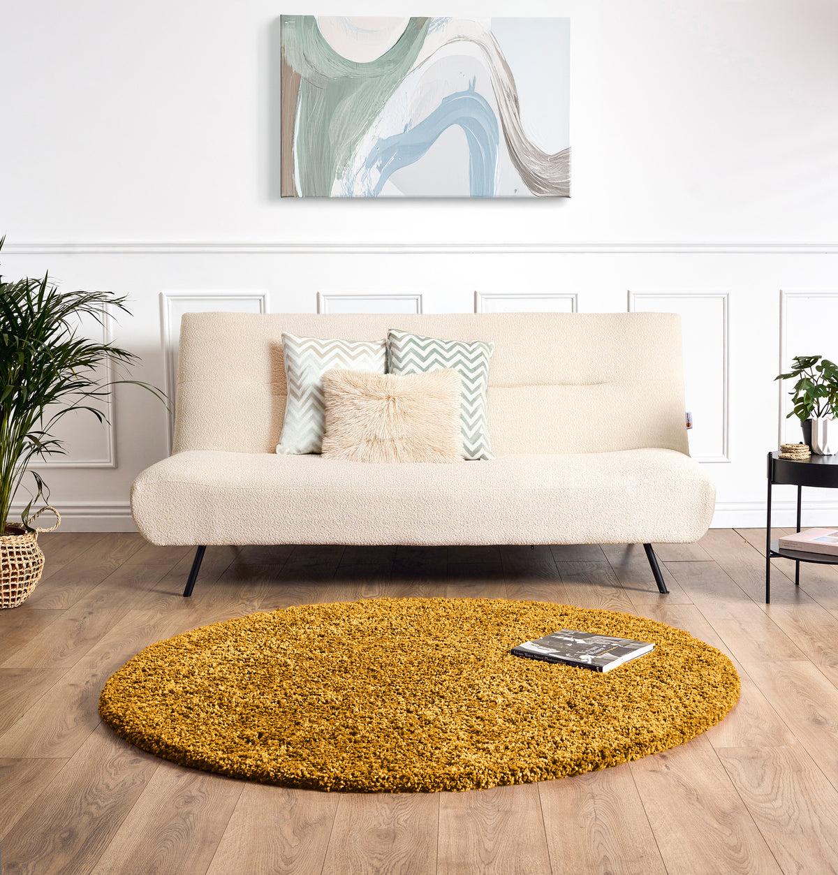 California Golden Ochre Shaggy Rug, Thick 5cm Deep Pile Rug for Living Room and Bedroom, Rectangle, Runner and Circles