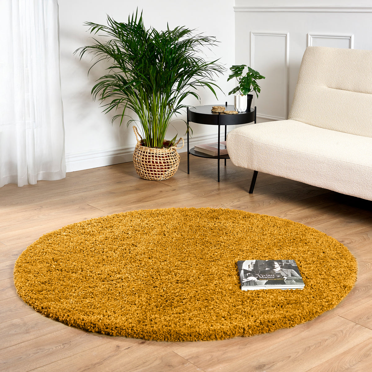 California Golden Ochre Shaggy Rug, Thick 5cm Deep Pile Rug for Living Room and Bedroom, Rectangle, Runner and Circles