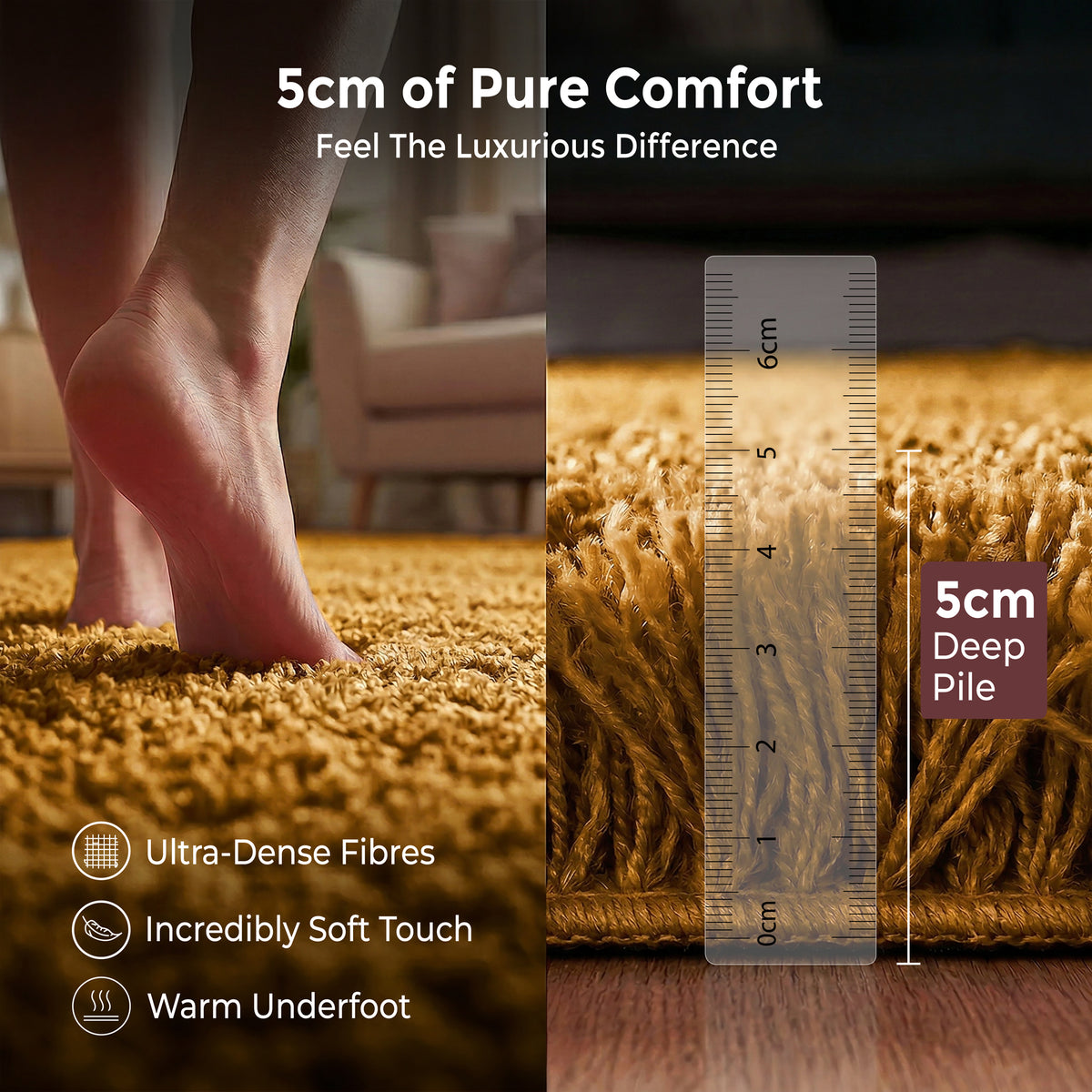 California Golden Ochre Shaggy Rug, Thick 5cm Deep Pile Rug for Living Room and Bedroom, Rectangle, Runner and Circles