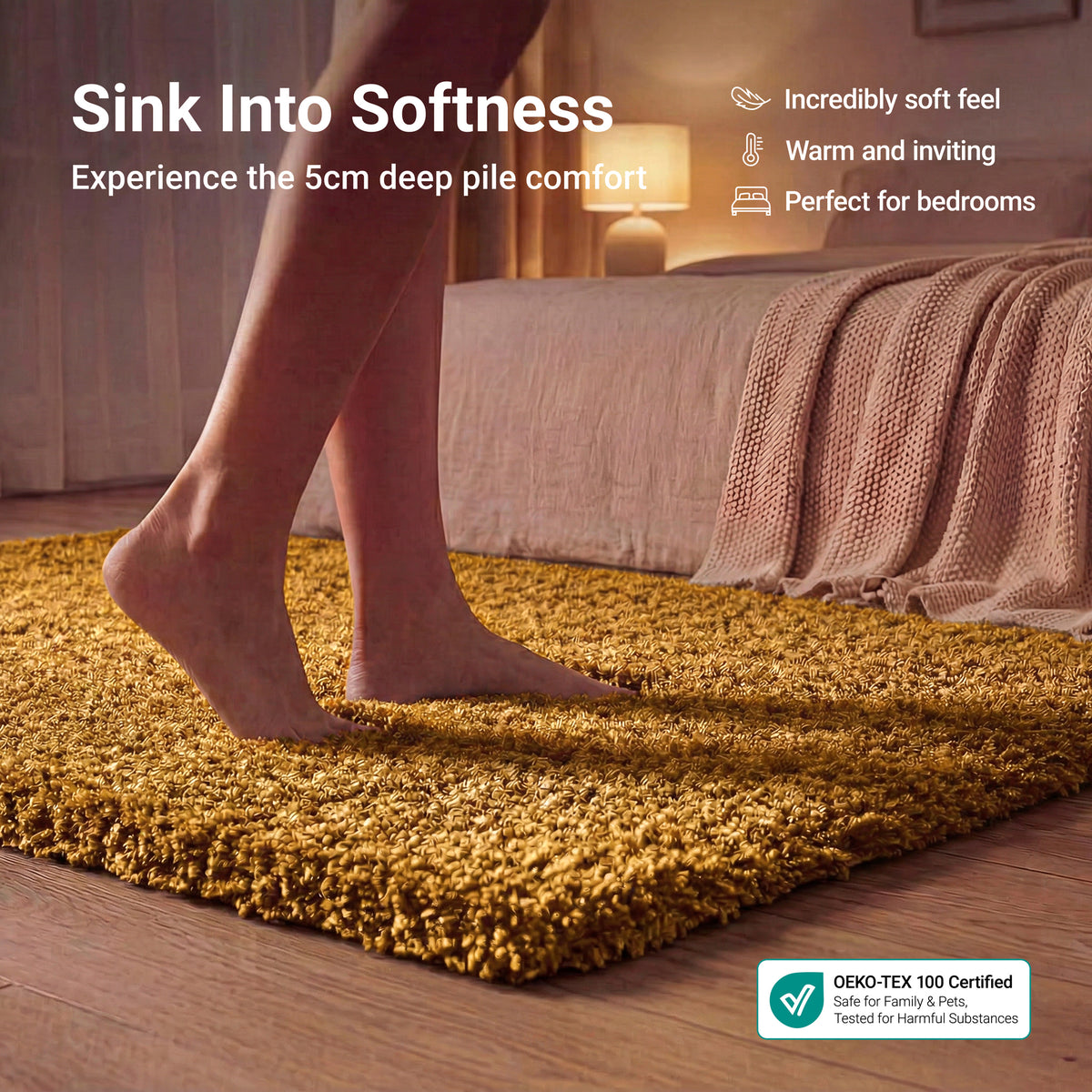 California Golden Ochre Shaggy Rug, Thick 5cm Deep Pile Rug for Living Room and Bedroom, Rectangle, Runner and Circles