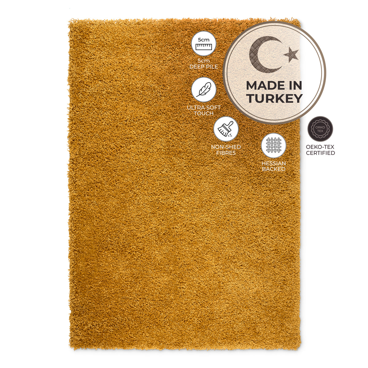 California Golden Ochre Shaggy Rug, Thick 5cm Deep Pile Rug for Living Room and Bedroom, Rectangle, Runner and Circles