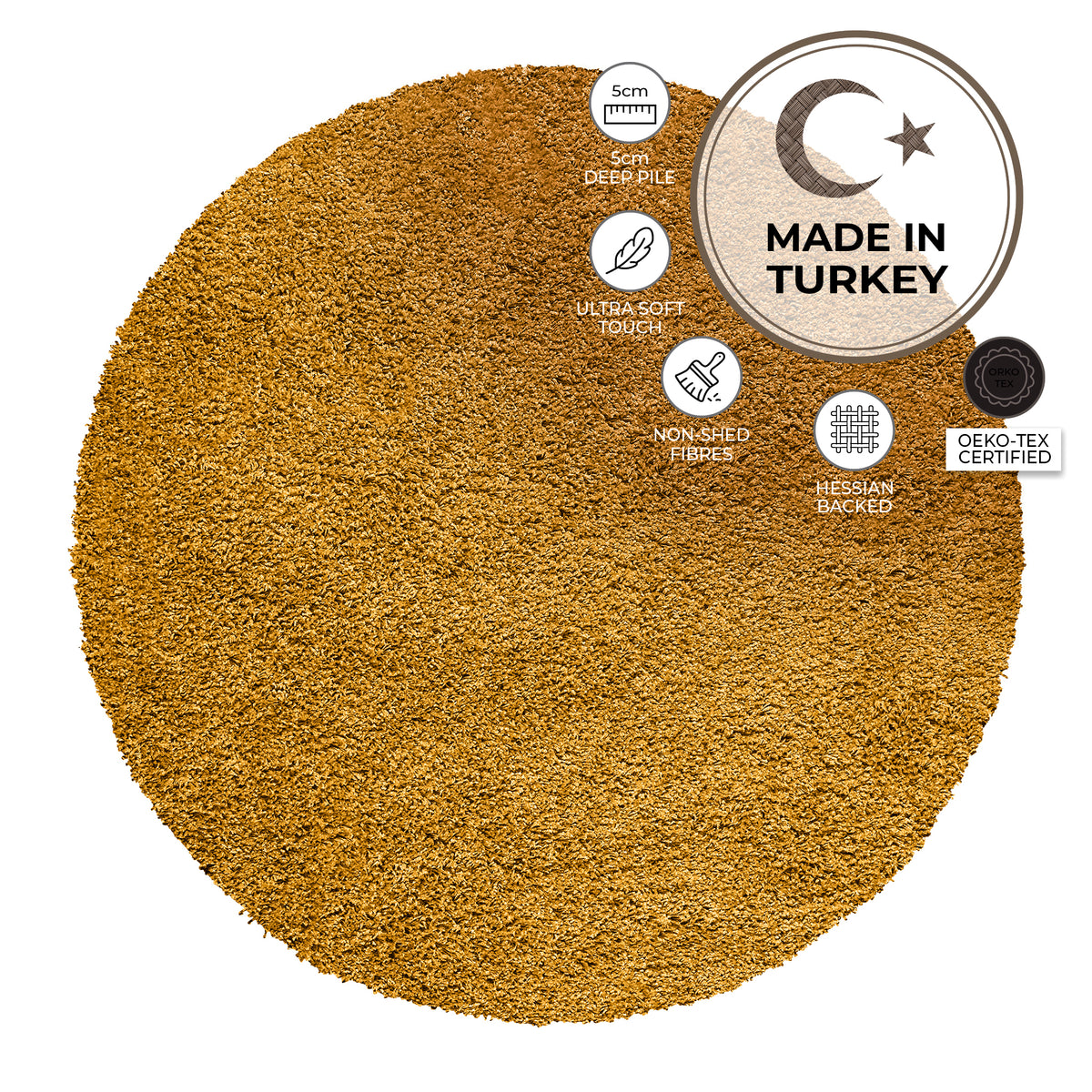 California Golden Ochre Shaggy Rug, Thick 5cm Deep Pile Rug for Living Room and Bedroom, Rectangle, Runner and Circles
