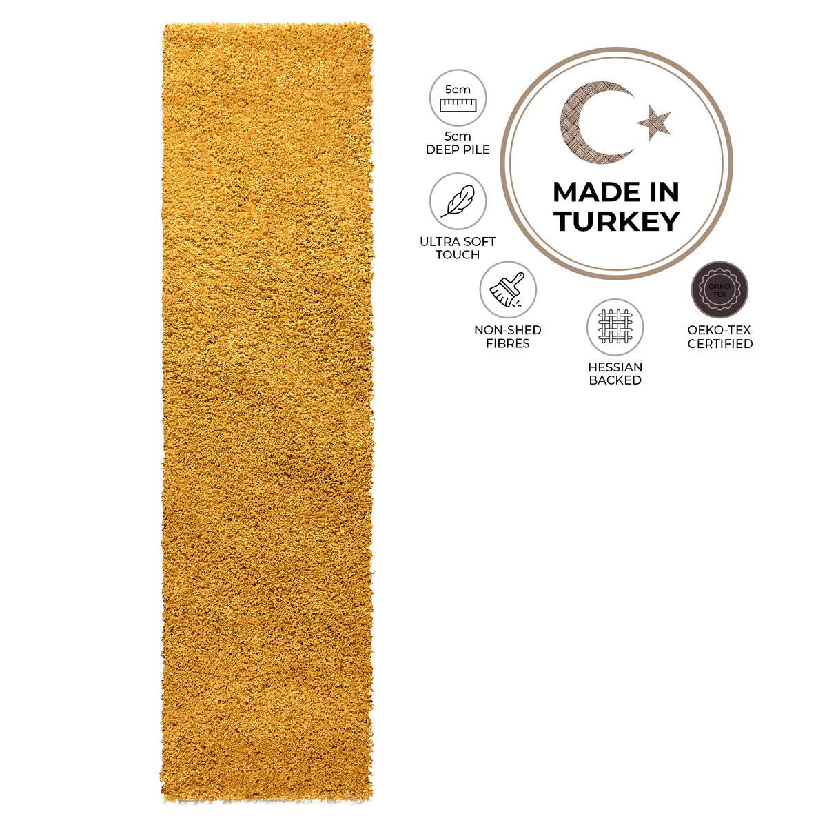 California Golden Ochre Shaggy Rug, Thick 5cm Deep Pile Rug for Living Room and Bedroom, Rectangle, Runner and Circles